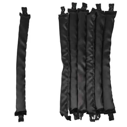 Set of six satin covered heatless hair curler rods laid out flat