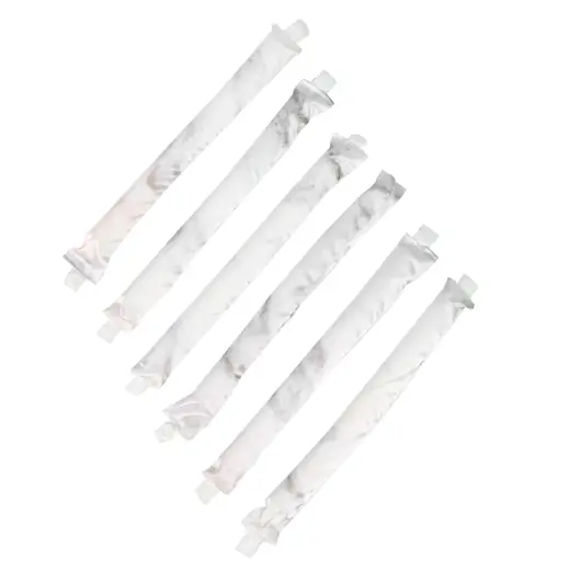 Set of foam core hair curl rollers wrapped in satin fabric laid out flat