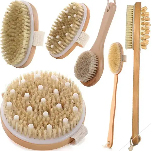 Natural bamboo bath scrubber with stiff and soft bristles, flax non-slip belt