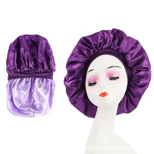 Double-layer satin hair bonnet laid flat, showing the wide soft elastic band
