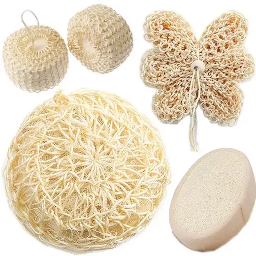 Natural ramie hemp mesh sisal bath ball laid flat, showing the textured surface