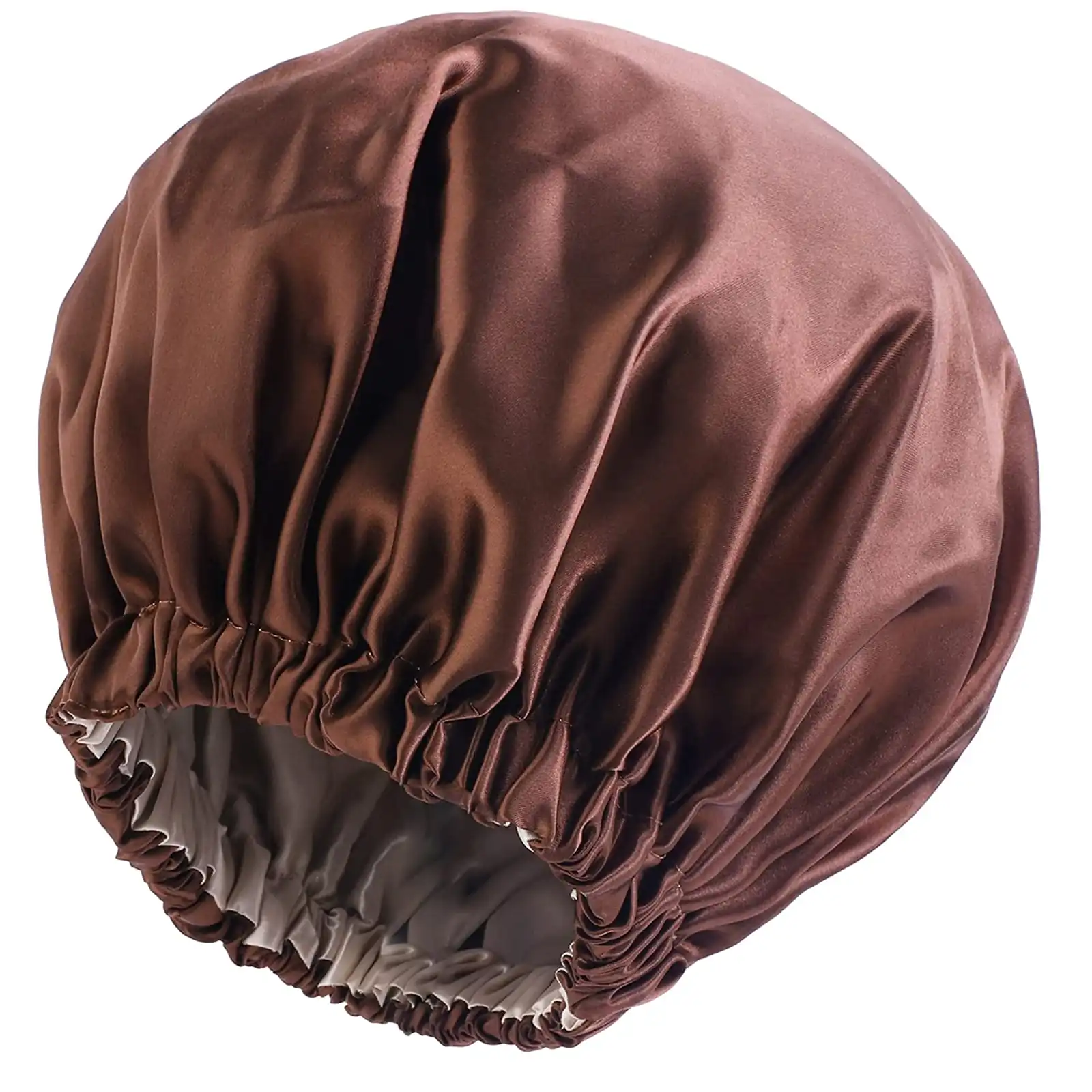 Brown double layer satin sleeping bonnet with elastic band