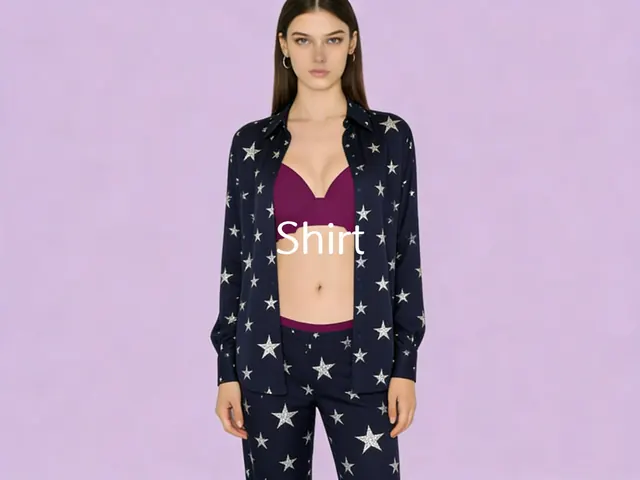 Navy star print shirt and trousers on a lavender studio backdrop