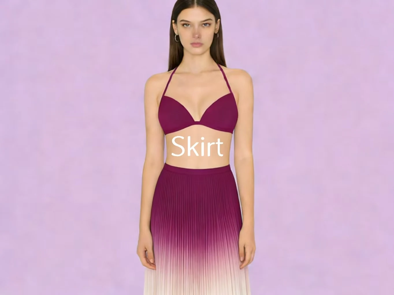 Ombre pleated midi skirt with a bralette on a lavender studio backdrop
