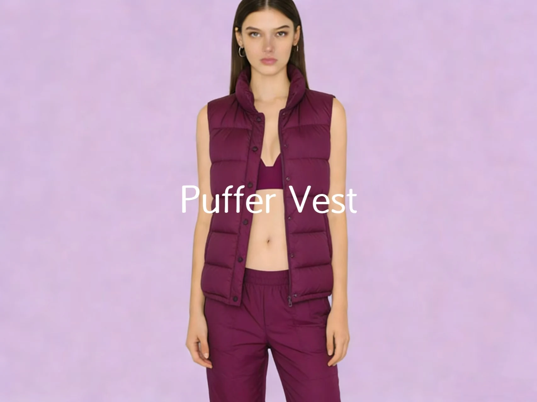 Plum quilted puffer vest and matching trousers on a lavender studio backdrop