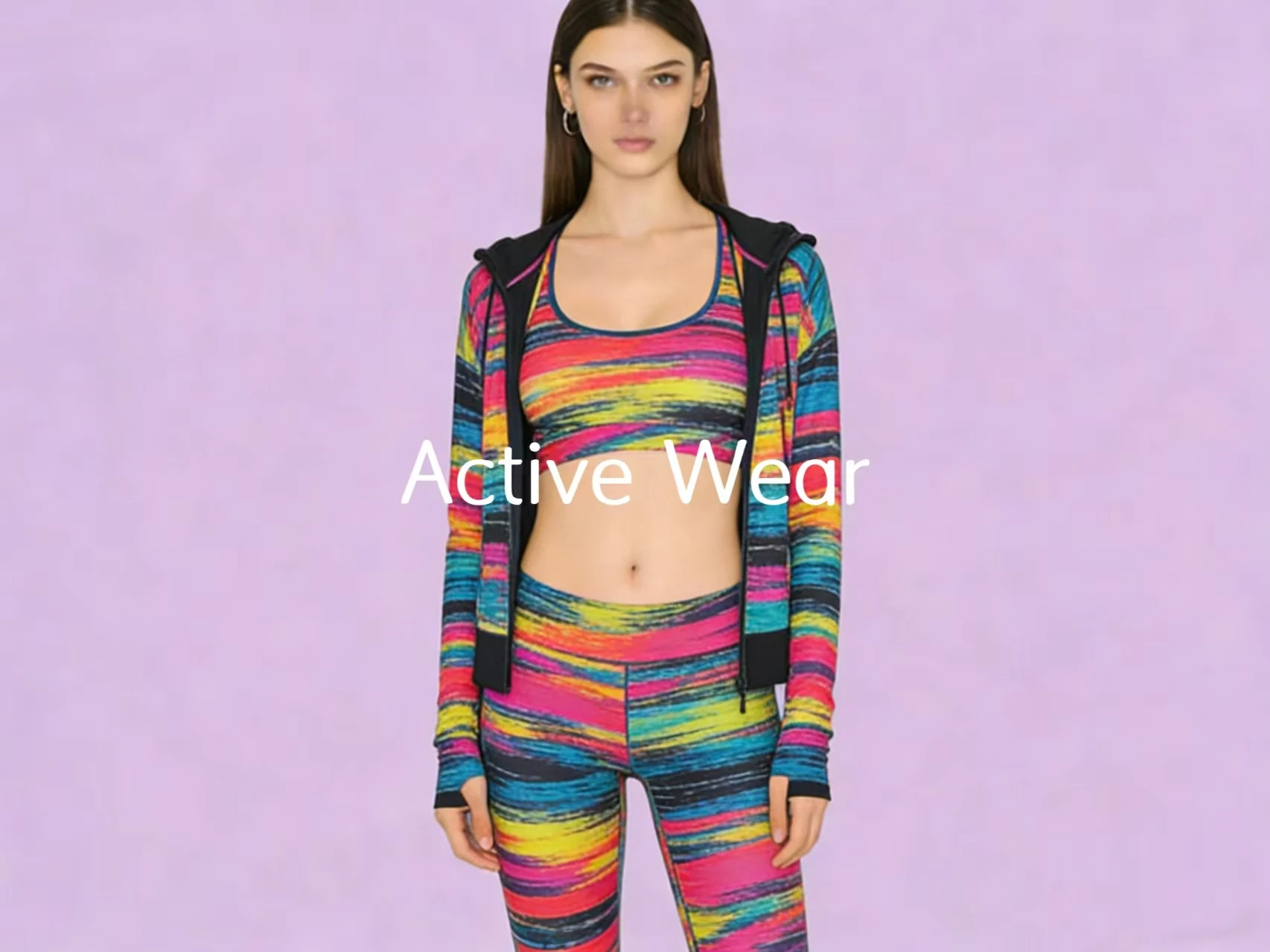 Space dye activewear hoodie bra and leggings set on a lavender studio backdrop