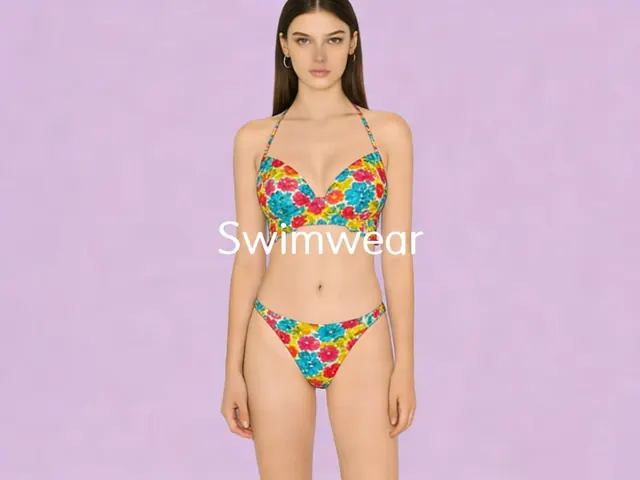 Floral print bikini set on a lavender studio backdrop