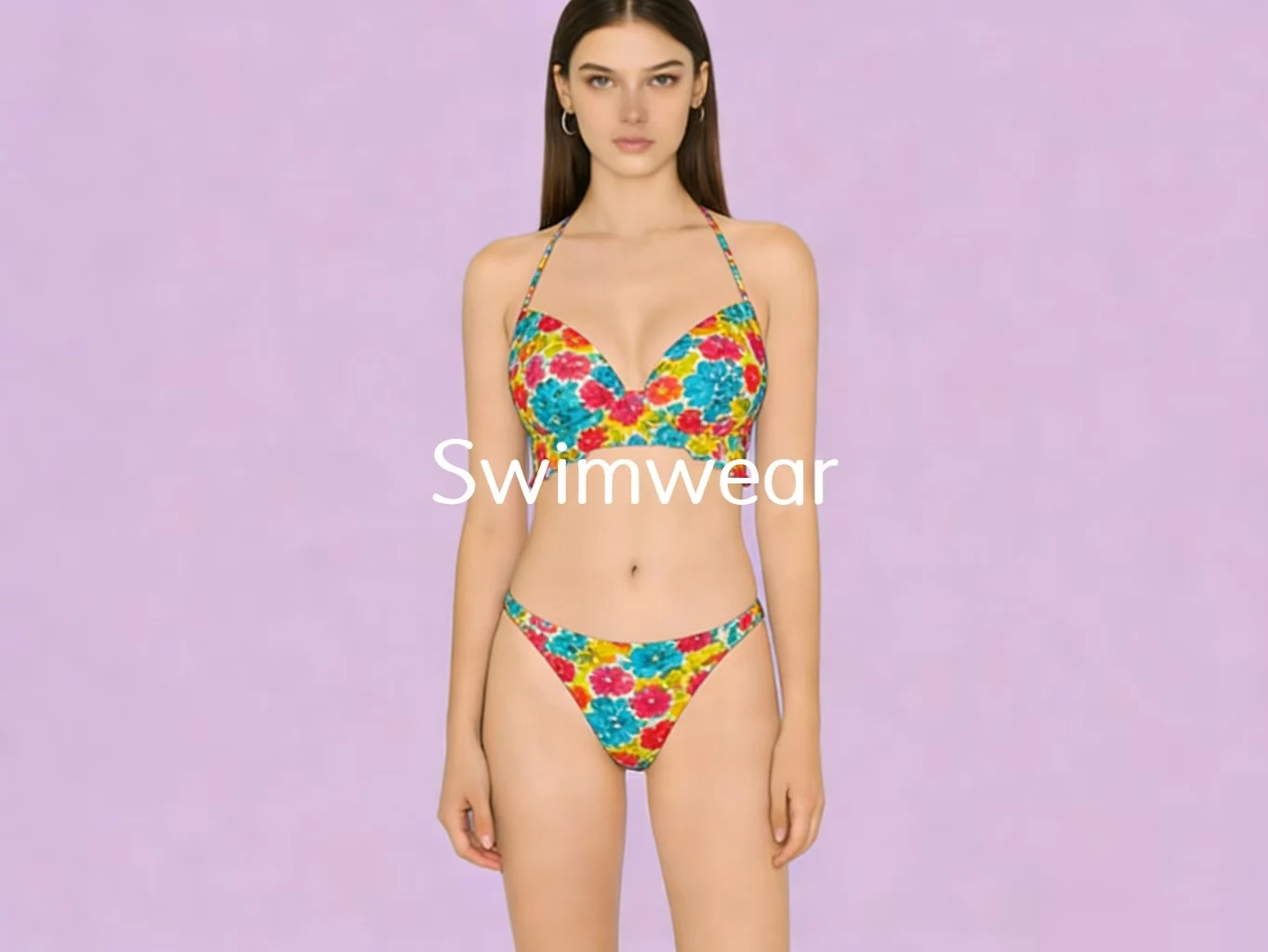 Floral print bikini set on a lavender studio backdrop