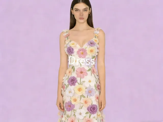 Three dimensional floral applique slip dress on a lavender studio backdrop