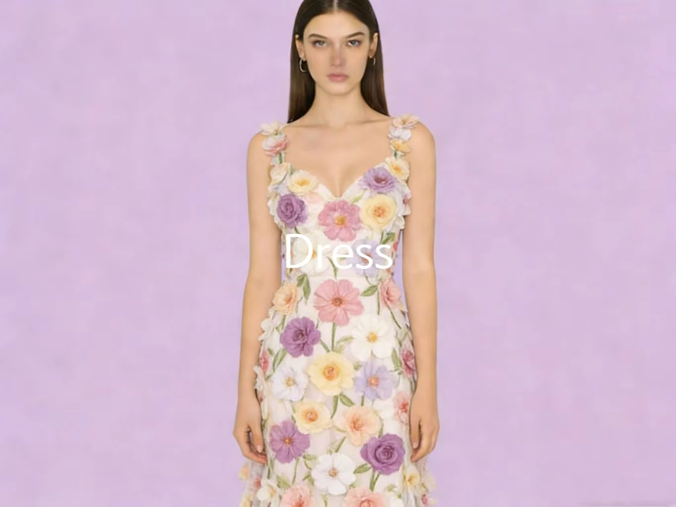 Three dimensional floral applique slip dress on a lavender studio backdrop