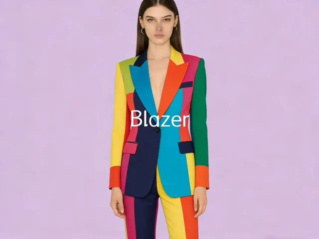 Colour block tailored blazer and trousers on a lavender studio backdrop