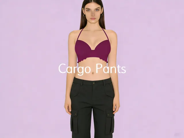 Black cargo trousers with a plum bralette on a lavender studio backdrop