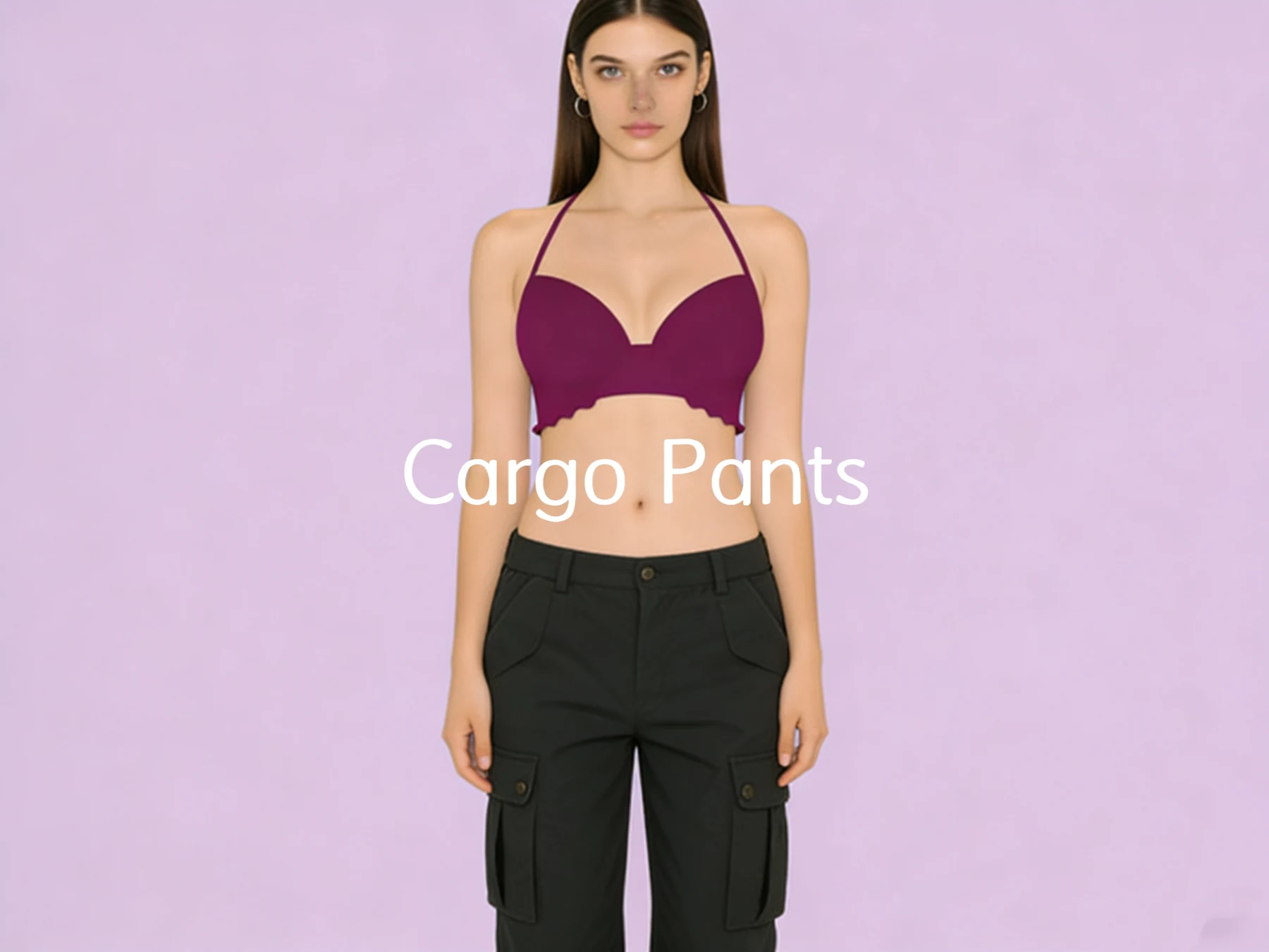 Black cargo trousers with a plum bralette on a lavender studio backdrop