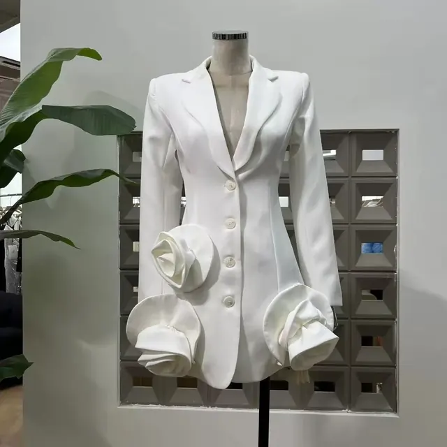 White fitted tailored blazer with large three dimensional fabric rosettes