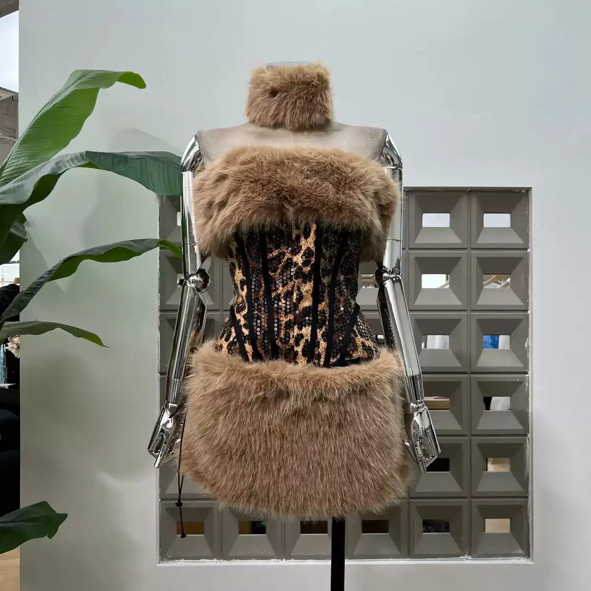 Sequin leopard corset mini dress with tan faux fur collar cuffs and skirt