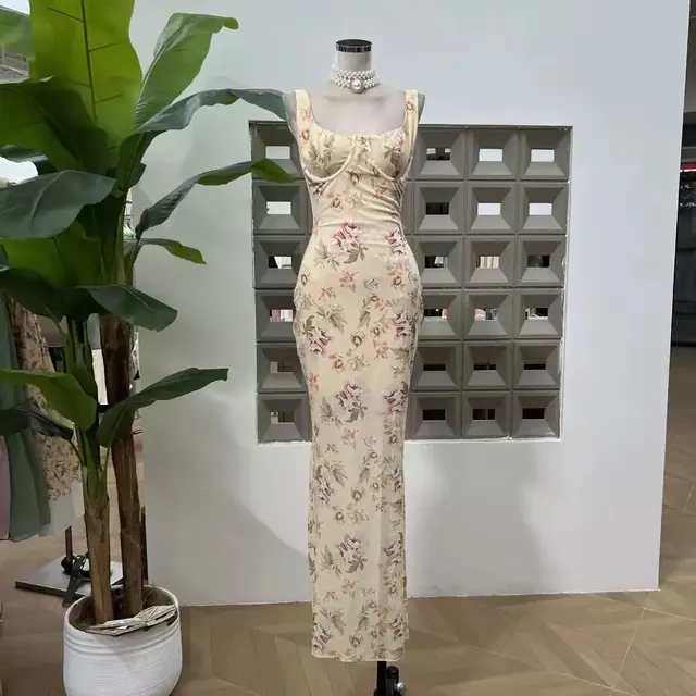 Cream floral print rib knit bodycon maxi dress with a square neckline