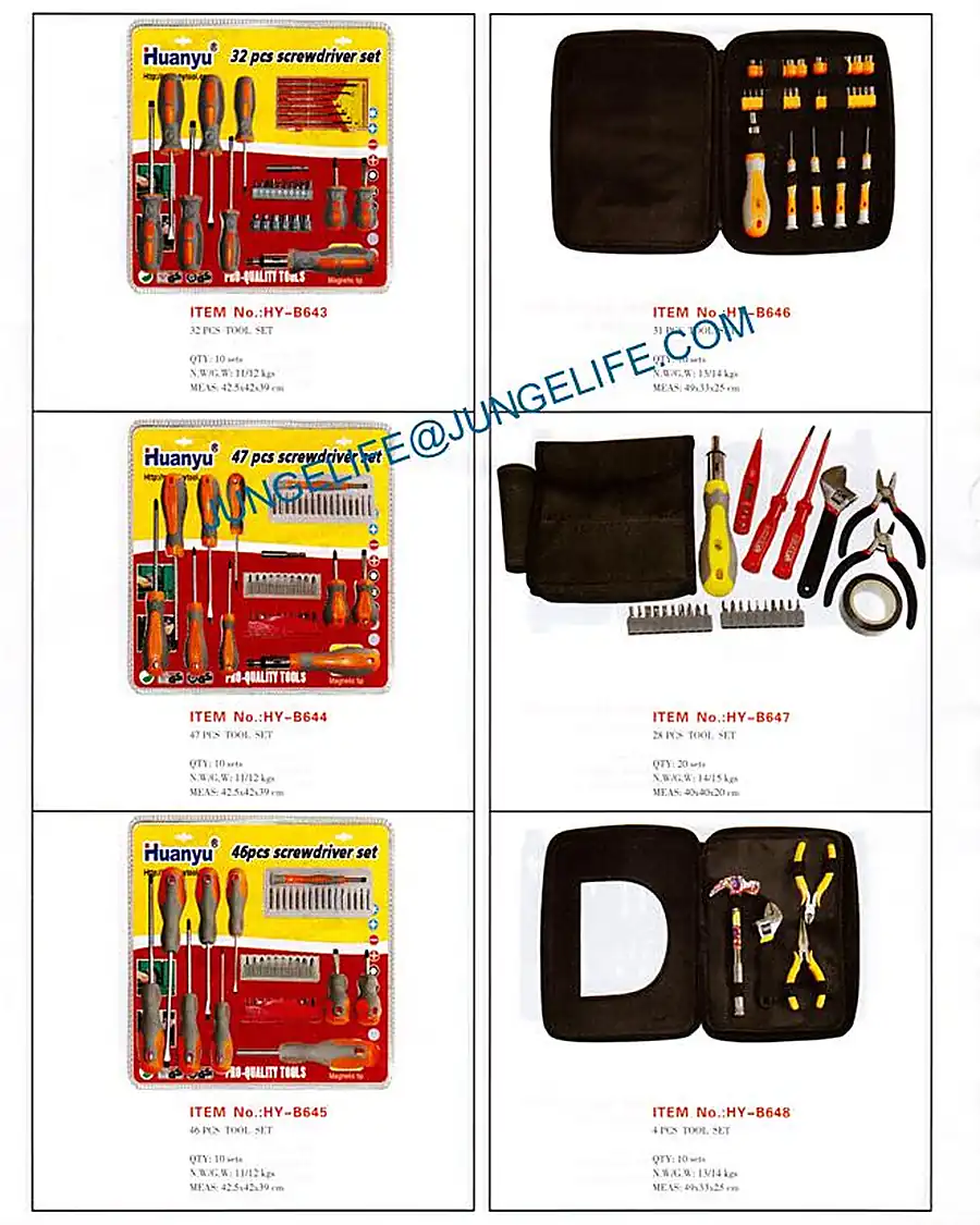 HY-B643 - HY-B648 Blister screwdriver sets and zip-wallet tool sets, 4 to 47 pieces product photograph