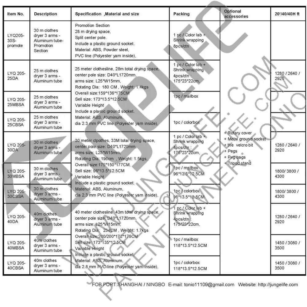 LYQ205 3 Arms Aluminium Rotary Airer specification sheet 2