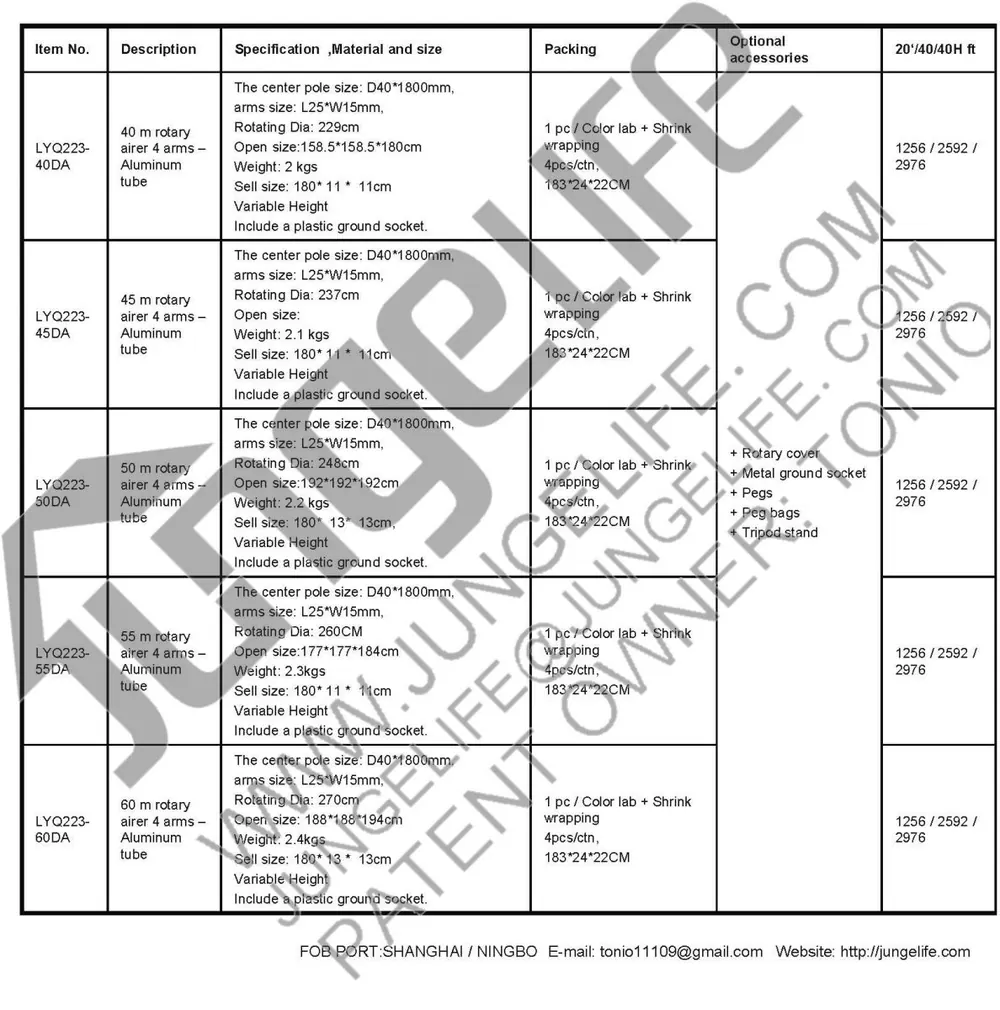 LYQ223 4 Arms Aluminium Rotary Airer specification sheet 2