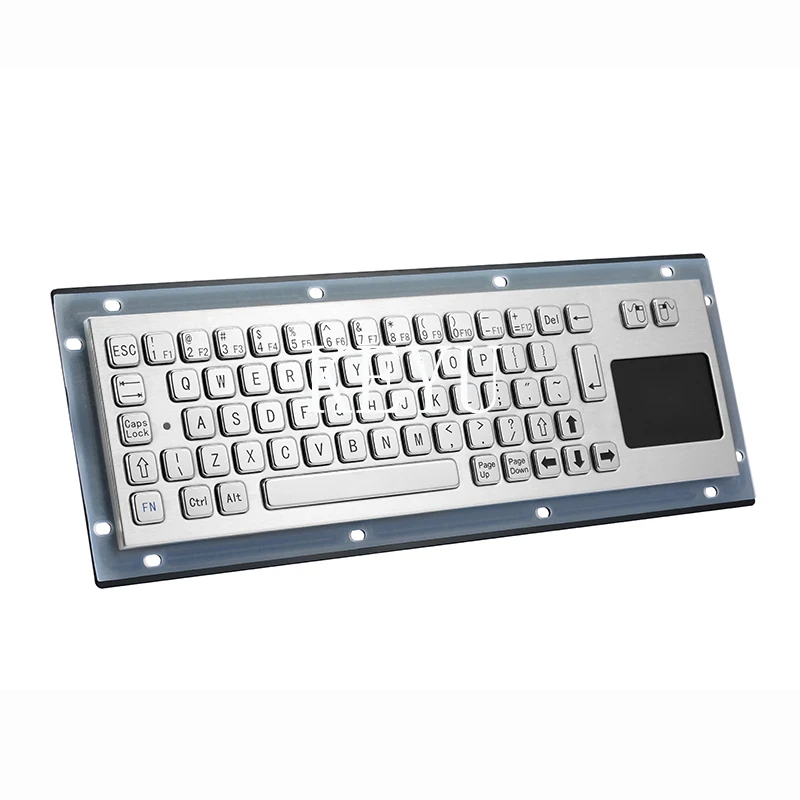 KY-PC-NT stainless steel kiosk keyboard shown from an angle with the touchpad area