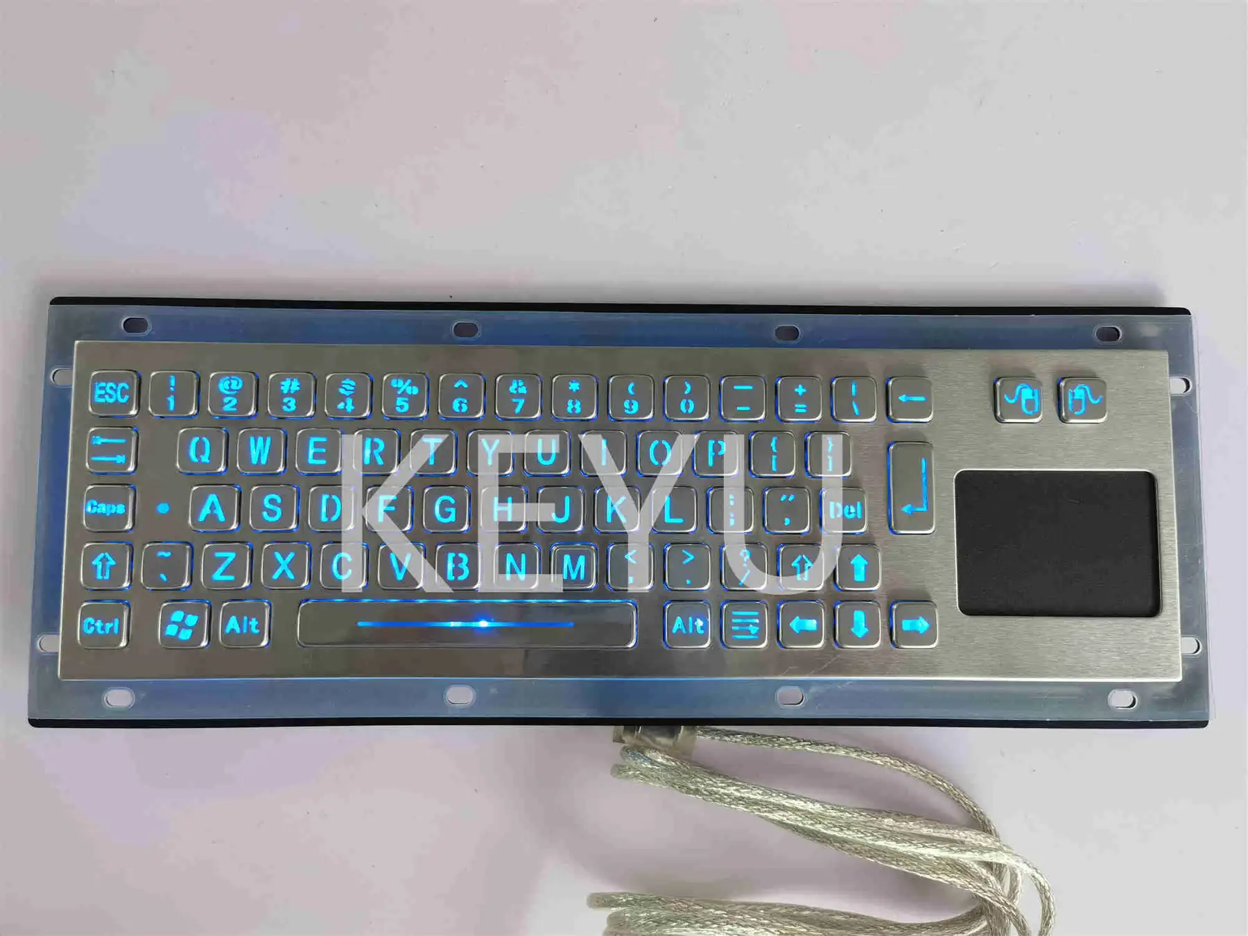 KY-PC-NT3-LED backlit stainless steel kiosk keyboard with 67 keys and integrated touchpad