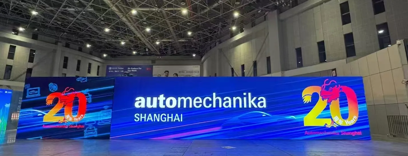 Automechanika Shanghai hall with the show branding on the main screen