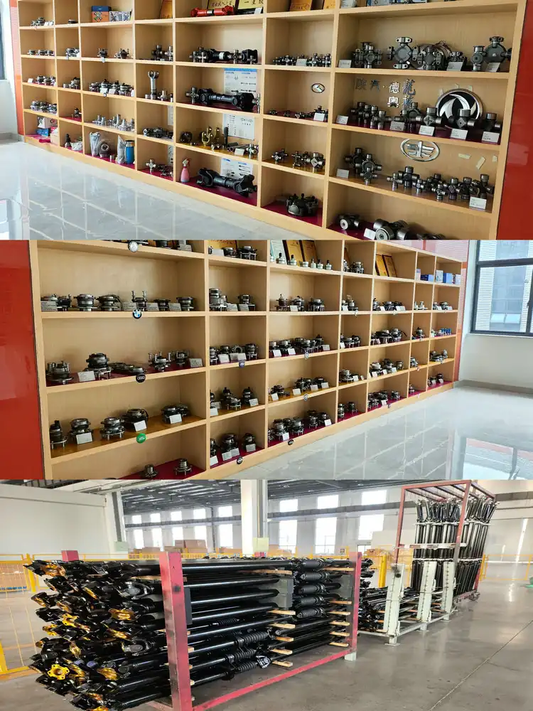 Warehouse shelving holding boxed auto parts alongside racked propeller shafts