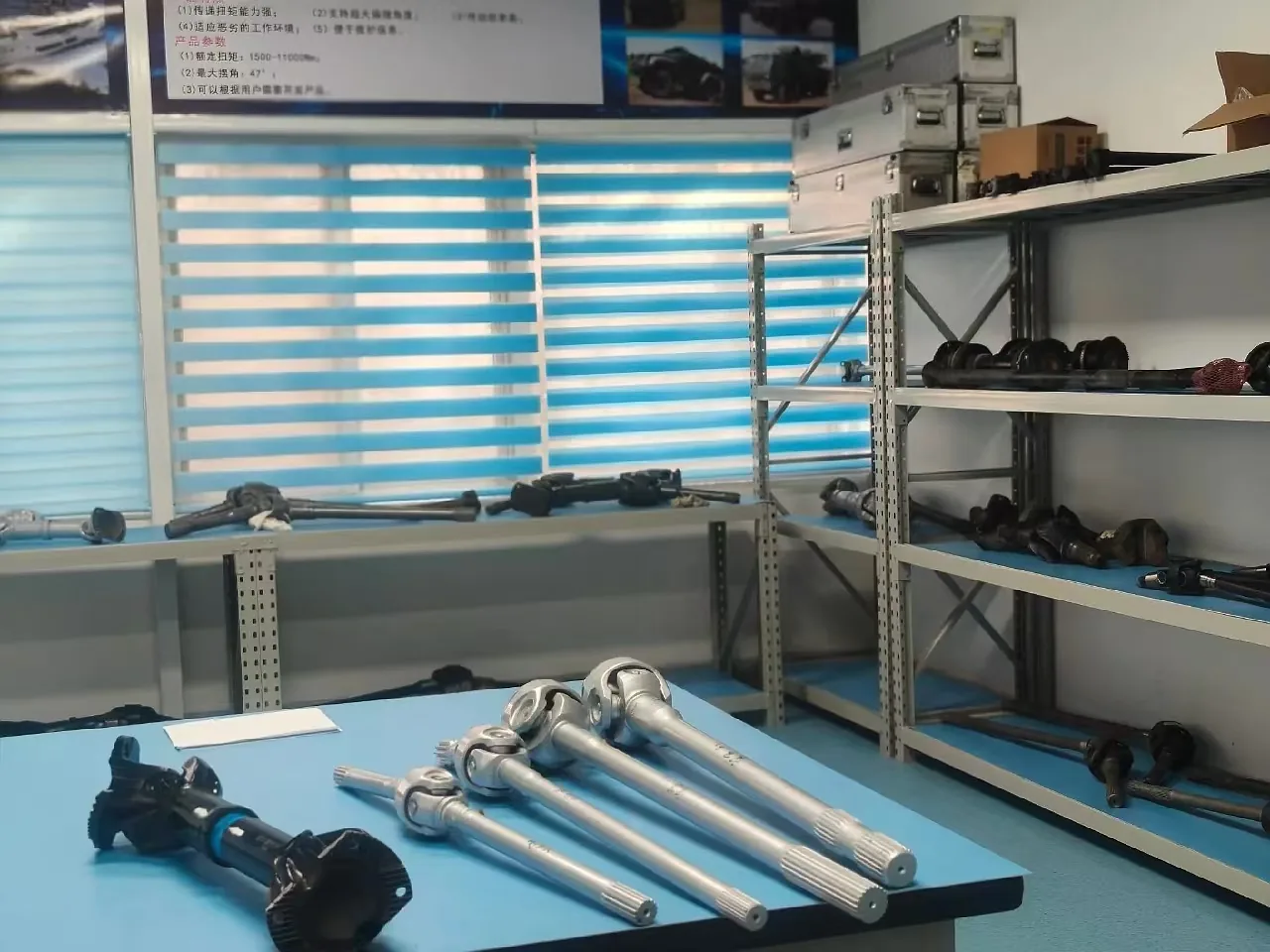 Sample room bench with drive shaft assemblies laid out for review