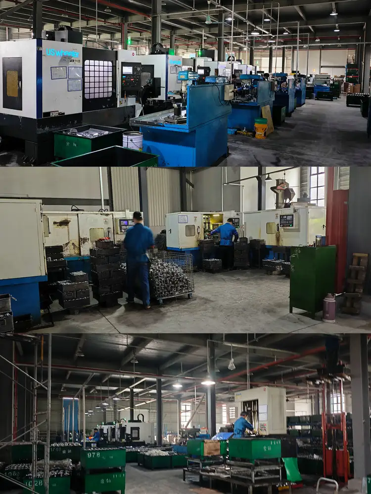Machining workshop with operators at lathes and grinding stations