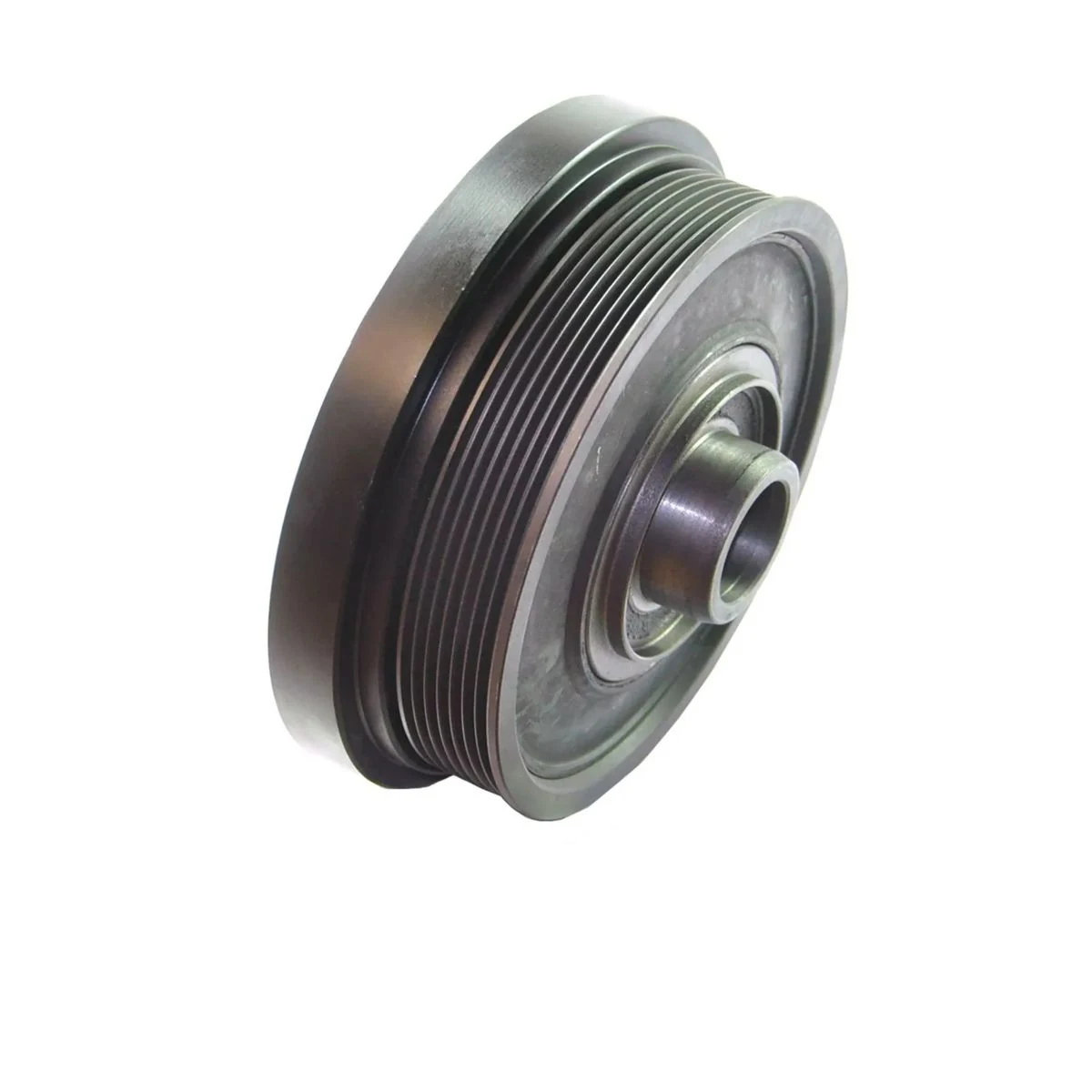 Multi-rib crankshaft pulley showing the groove profile and centre bore