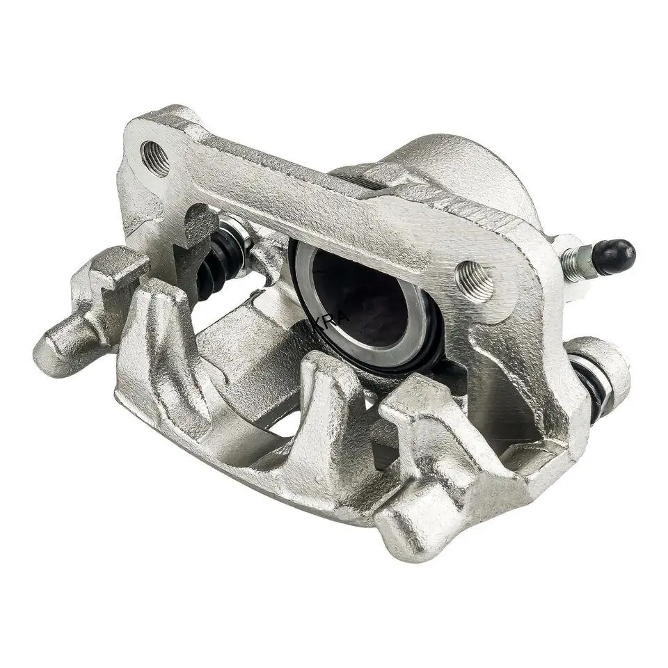 Brake caliper assembly with pads and fitting hardware on a white background