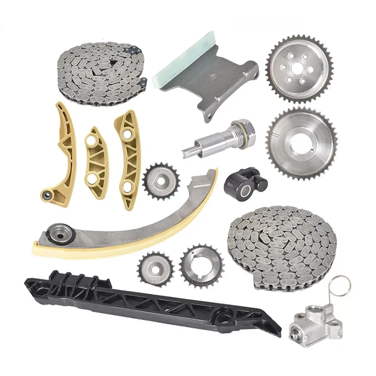 Timing chain kit components including chain guides tensioner and sprockets