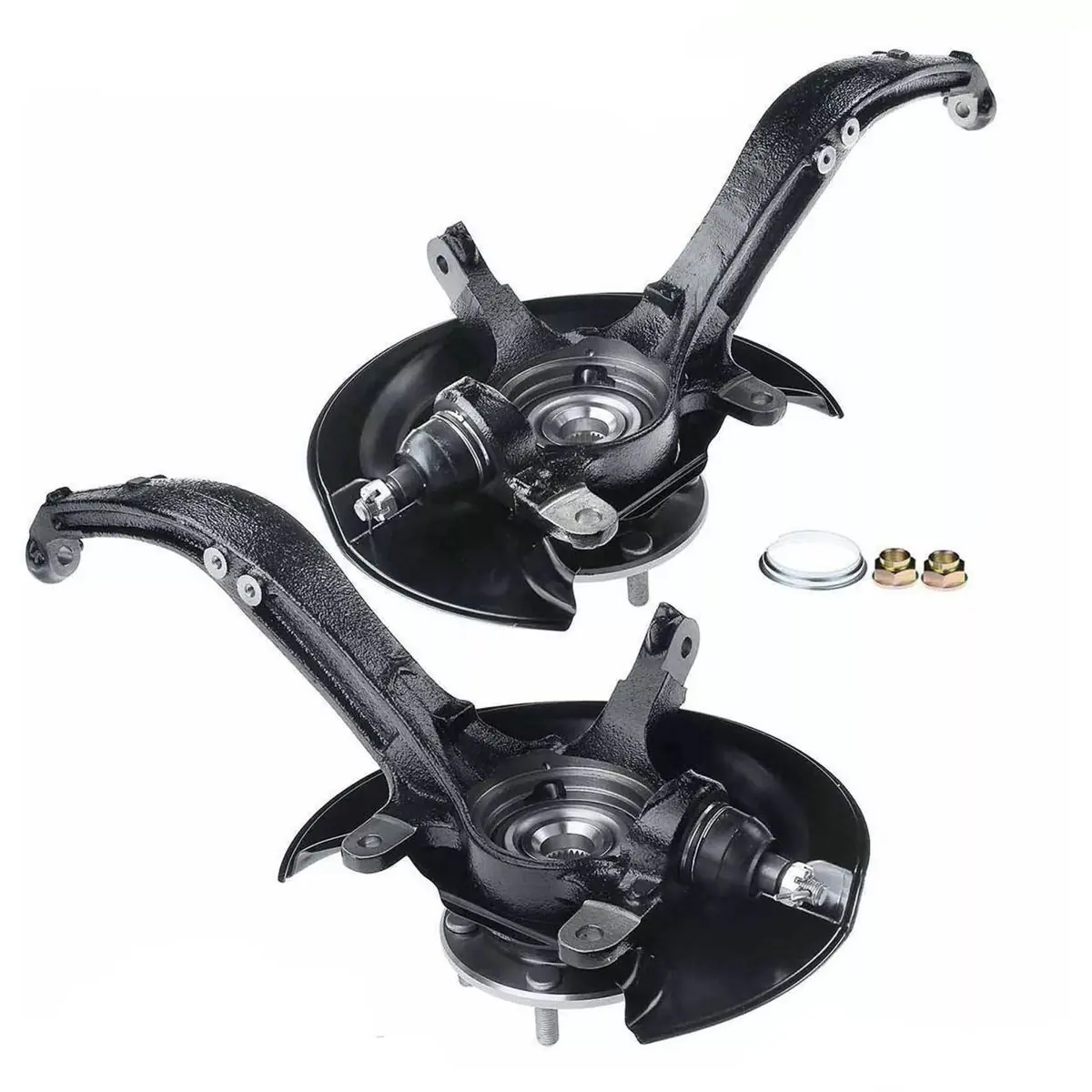 Pair of left and right steering knuckles with hub seats and caliper mounts