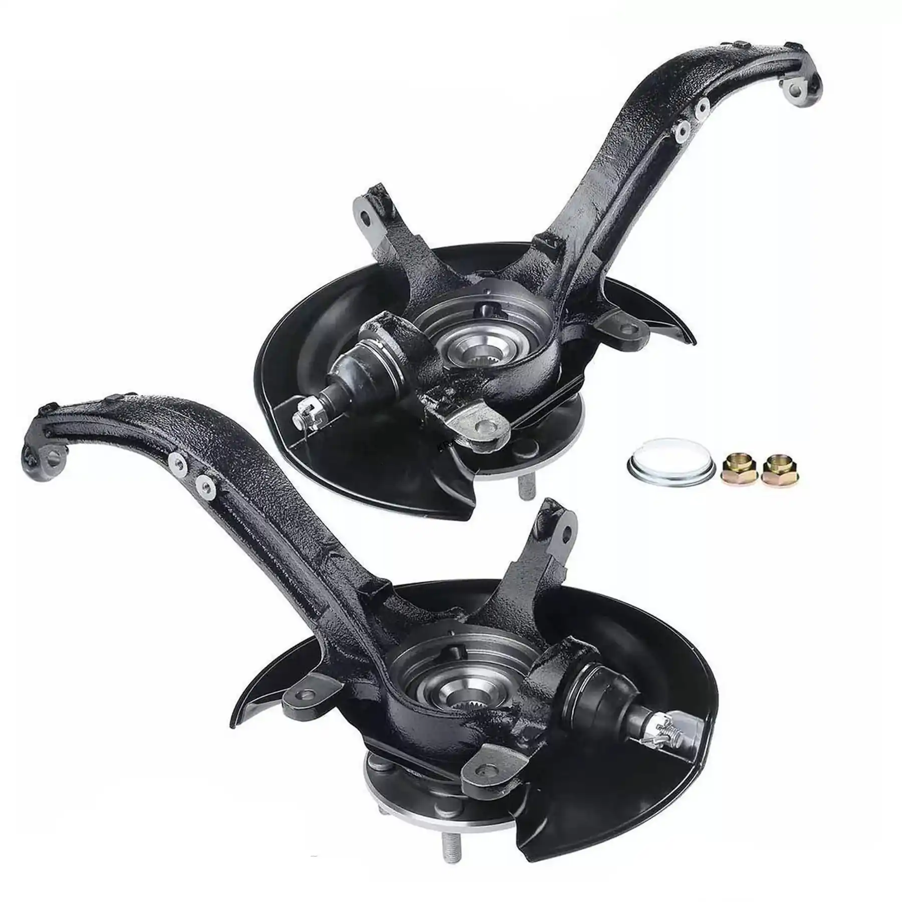Pair of cast steering knuckles with hub seats and caliper mounting points