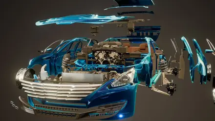 Exploded view illustration of a vehicle showing its chassis and driveline systems