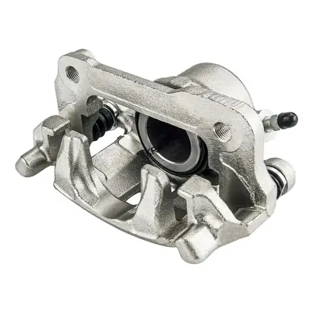 Brake caliper with pads and fitting hardware on a white background
