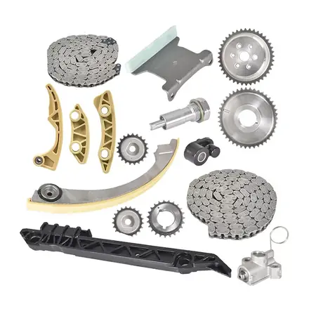 Timing chain kit components including chain guides tensioner and sprockets