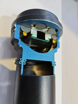Cutaway of a constant velocity joint showing the internal ball tracks