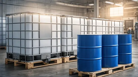 IBC totes and blue drums of HDI trimer polyisocyanate staged in a warehouse