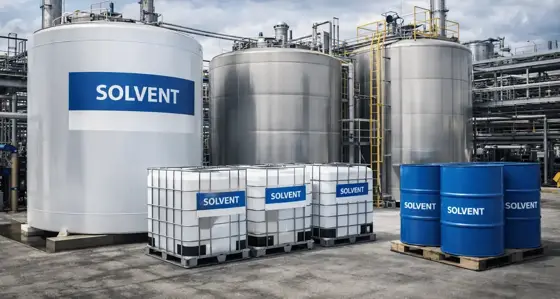 Bulk storage tanks IBC totes and drums of solvent at a chemical terminal