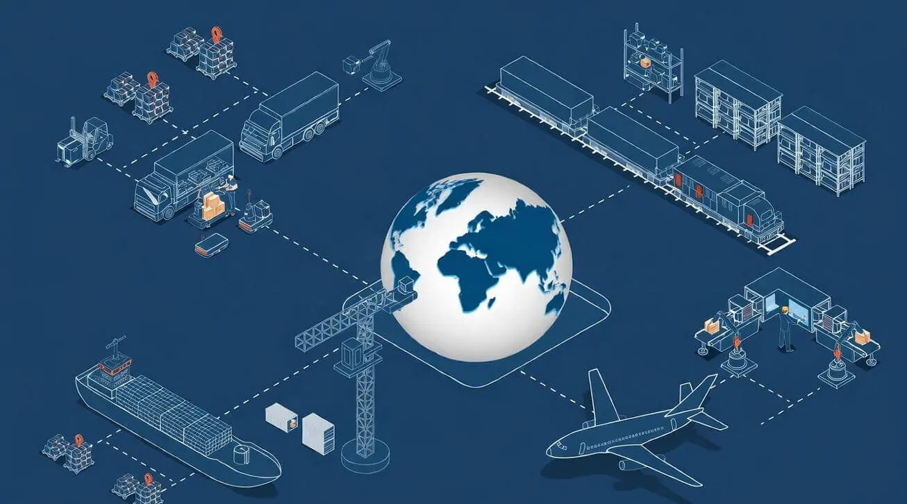 Illustration of a global multimodal supply chain by sea rail road and air