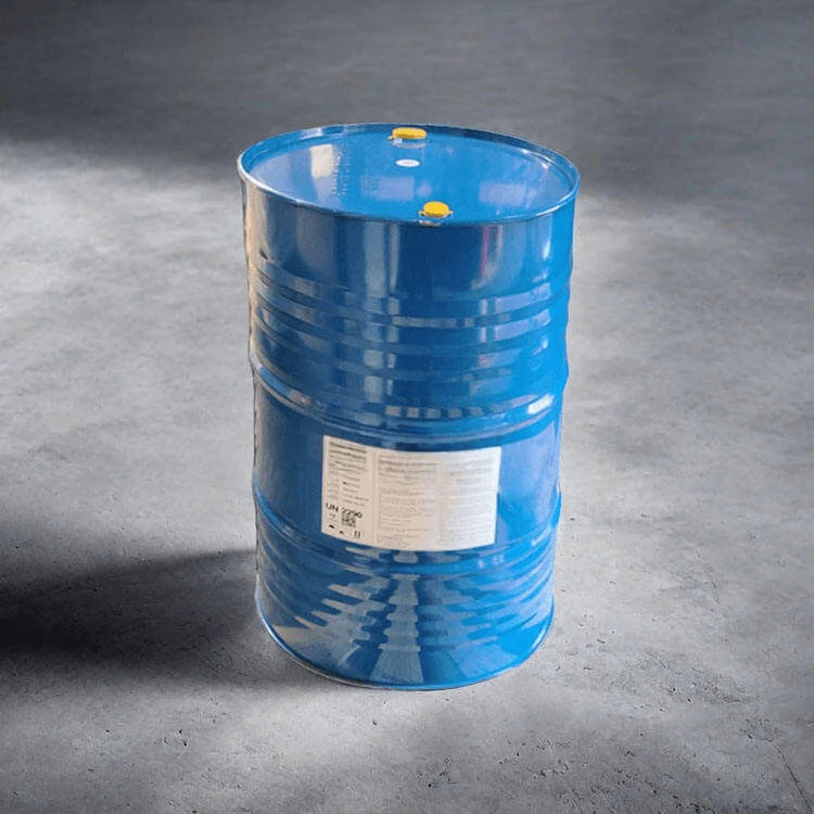 Blue steel drum of imidazole type epoxy curing agent on a concrete floor