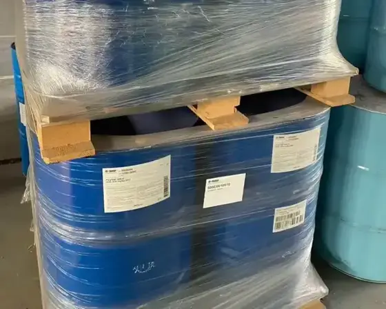 Stacked drums of electronic grade epoxy resin wrapped on a pallet