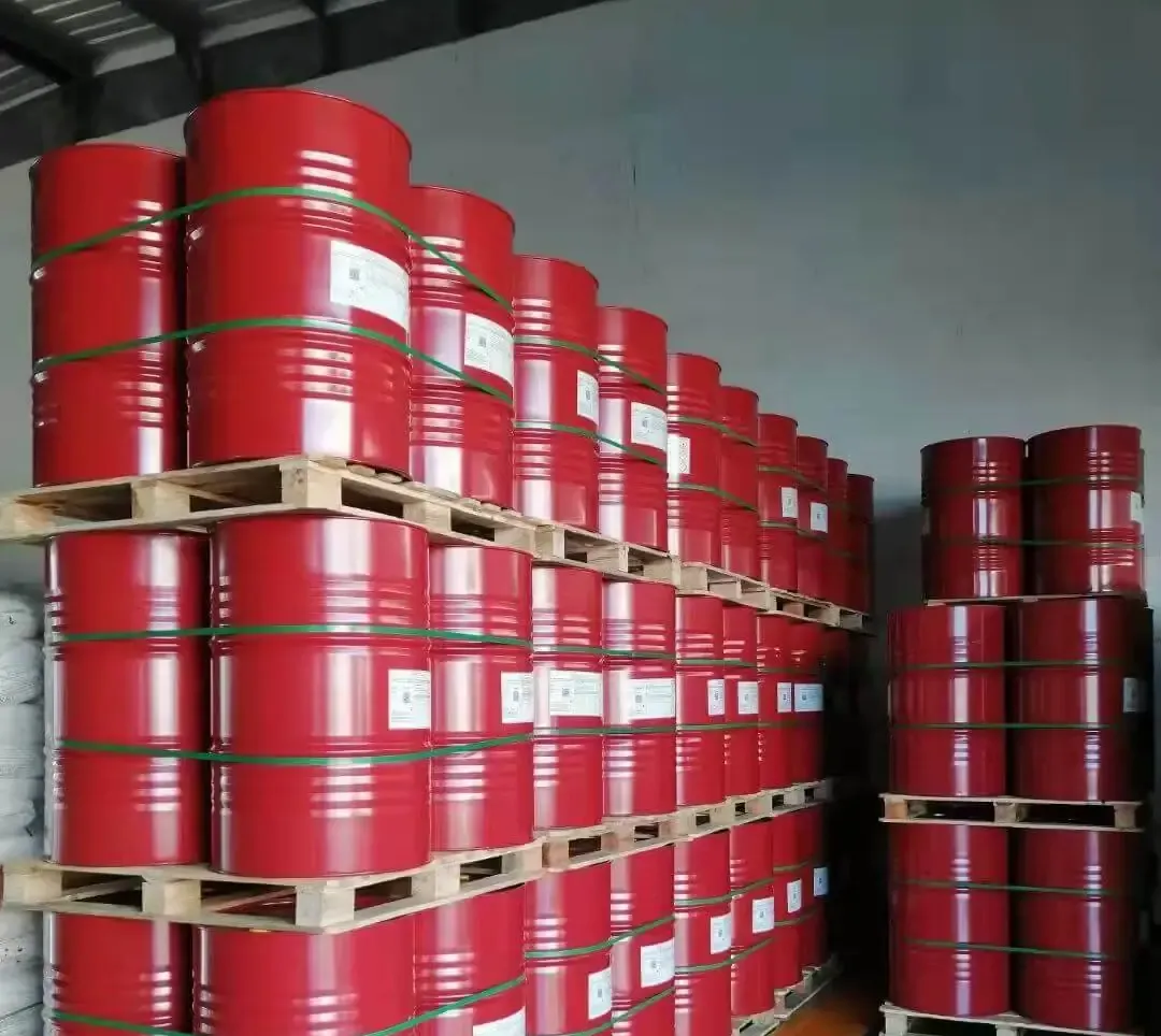 Palletised red drums of IPDI isophorone diisocyanate in a warehouse