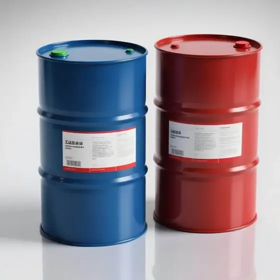 Blue and red labelled steel drums of chain extender raw material