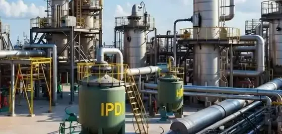 Chemical process plant columns and piping under a clear sky