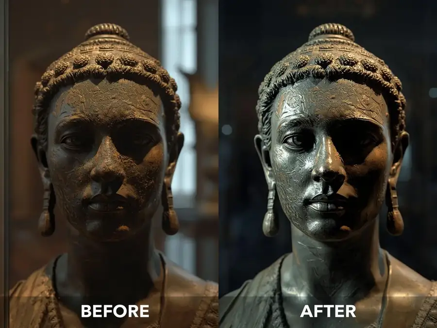Bronze sculpture with surface oxidation before laser cleaning and cleaned after