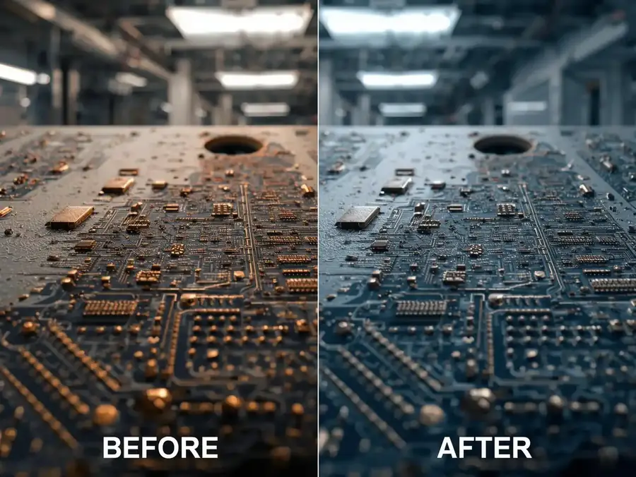 Circuit board with oxide and flux residue before laser cleaning and clean after