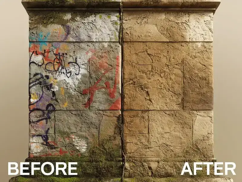 Historic stone facade cleaned of graffiti and weathering by laser
