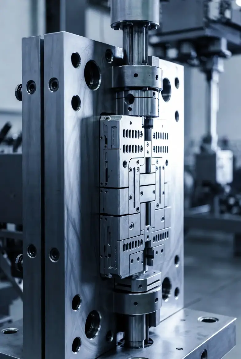 Precision injection mould tool on a workbench